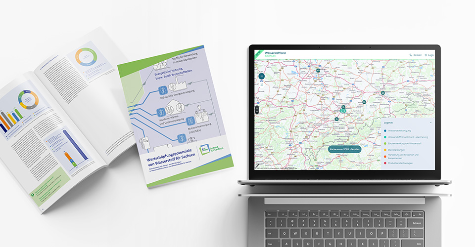 Broschüre mit Infografik und Website mit interaktiver Landkarte